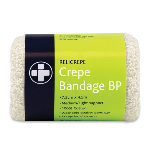Reliance Medical White BP Grade Cotton Relicrepe Crepe Bandage Soft, Comfortable, Medium/Light Support And Non-Sterile Bandage Designed For Sprains, Strains, And Minor Aches (7.5cm x 4.5m, Pack of 10)