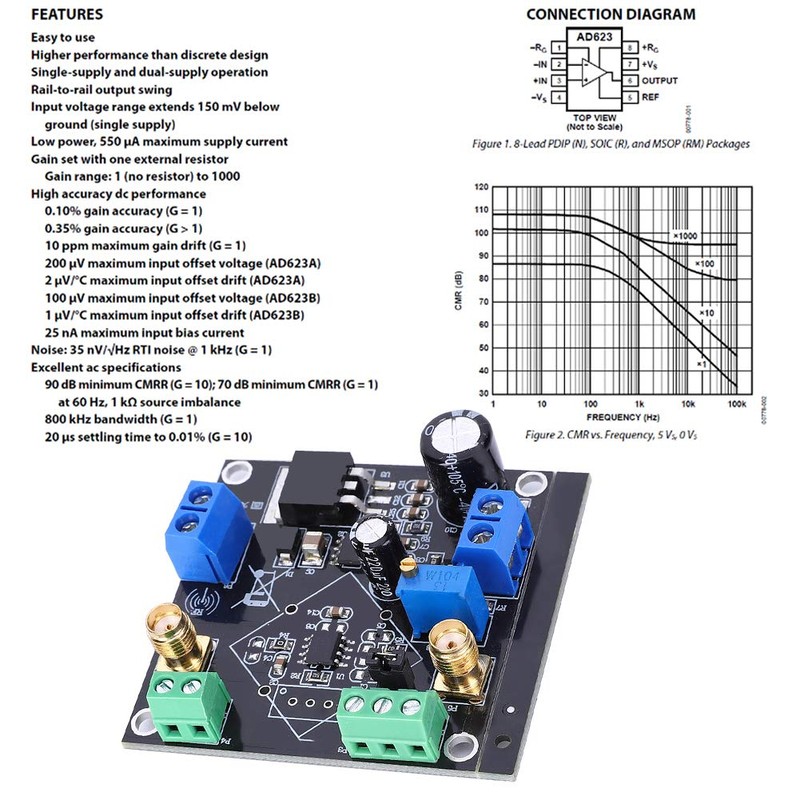 AD623 Voltage Amplifier, Mini Gain Adjustable Instrumentation Signal Amplifier 5V-24V
