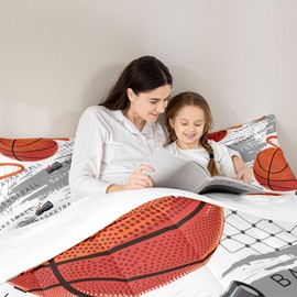 Basketball Comforter Set Full Size Orange Basketball Print Bedding Set 3pcs for Kids Boys Teens Room Decor, Sports Gaming Theme Quilt Set Grey Stains Print Duvet Set with 2 Pillowcases