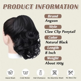Angzon Ponytail Extension 8 Inch Claw Clip in Ponytail Short Curly Ponytail Extension for Women Messy Bun Fluffy Wavy Curly Synthetic Versatile Natural Black Hairpieces