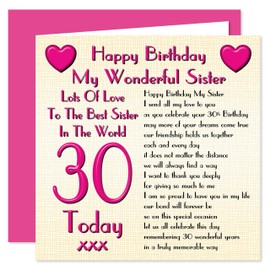 Sister 30th Happy Birthday Card - Lots Of Love To The Best Sister In The World - 30 Today