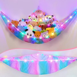MHJY Toy Hammock for Stuffed Animals Soft Toy Storage Net with LED Light, Cuddly Toys Organizer Holder Large Corner Hanging Net Plush Macrame Kids Bedroom Nursery Furniture Room Decor