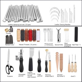 Leather Tooling Kit, Leather Craft Tools Leather Working Kit with Handbag Cutting Mats Waxed Thread Engraving Punching Sewing Stamping Sanding Tools Leather Tools for Beginners and Leather Working Professional DIY Craft