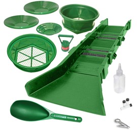 16 Piece Gold Panning Kit - Gold Mining Kit with Sluice Box and Bucket Classifiers; Three Gold Pans; Tweezers; Vials; Magnetic Separator and Snifter Bottle Green Kit with Stream Flare