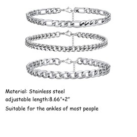 PINCHUAN Silver Ankle Bracelets for Women Waterproof Stainless Steel Anklet Adjustable Layered Cuban Silver Anklets Set Summer Beach Foot Jewelry Gift-Cuban chain