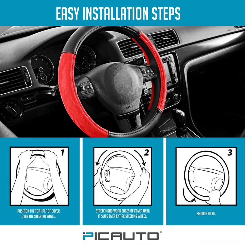 PIC AUTO Steering Wheel Cover, Silk Grain Leather Car Steering
