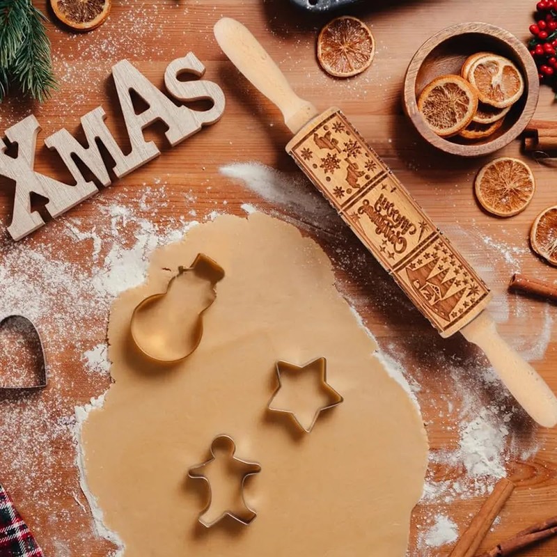 Christmas Rolling Pin, 3D Embossing Rolling Pin, Wooden Rolling Pin