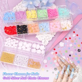 2 Boxes 3D Flower Nail Charms, Tiny Flowers Nail Art Charm White Camellia Flower for Nails, Spring Flowers Gold Caviar Beads Charms for Acrylic Nail Art DIY Supplies with Pickup Tool