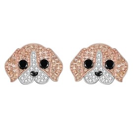 Beagle Pup Dog Stud Earrings with Crystals, Rose Gold and Silver Tone - Party, Birthday, or Christmas Gift, .7 inch, Metal Crystal, Cubic Zirconia