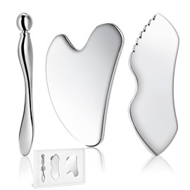 TANGZHIFEIYUE Gua Sha Facial Tools, 3 in 1 Stainless Steel Metal Guasha & Eye Cream Applicator Facial Sculpting Tool Set Eye Massager Lymphatic Drainage for Face Neck