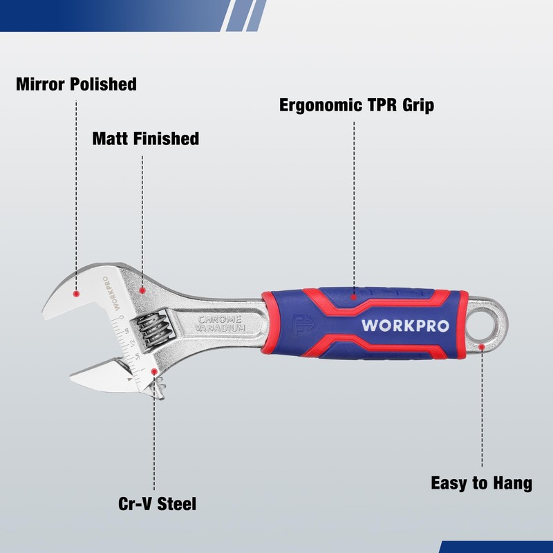 WORKPRO 3-piece Adjustable Wrench Set, Cr-V Wide Jaw Wrench With