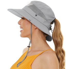 Sun Hat with Ponytail Hole for Women,Sun UV Protection UPF50+ Waterproof Beach Bucket Safari Hiking Hat for Women Grey