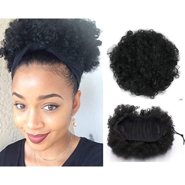 VGTE Synthetic Curly Hair Ponytail African American Short Afro Kinky Curly Wrap Synthetic Drawstring Puff Ponytail Hair Extensions Wig with Clips(#1B)