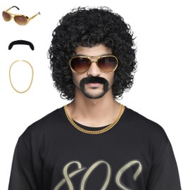 M MISS U HAIR Black Jerry Curl Wig with Mustache and Gold Necklace for Men Women 70s 80s Disco Rock Costume Party Wigs