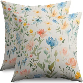 Spring Floral Throw Pillow Covers 18x18 Inch Set of 2, Watercolor Blue Pink Yellow Green Flower Decorative Throw Pillowcases Outdoor Farmhouse Cushion Covers Summer Seasonal Decor for Sofa Couch Bed