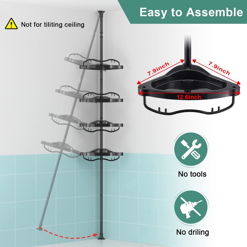 COCONUT Shower Caddy Tension Pole, 54-114 Inch Rustproof Corner Shower