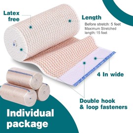 AZEN Premium 15 Pack Elastic Bandage Wrap 4 Inch, Compression Wrap Bandage for Legs, Lymphedema Wraps for Legs, Ankle, Knee, Tummy, Body, Latex-Free