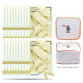 Innisfree Active Mask Vita C (Transparent Whitening) 20 sheets + Play Green Cosmetic Pouch (Yellow) / 이니스프리 액티브 마스크 비타C (투명미백) 20매+플레이그린 화장품 파우치 (옐로우)