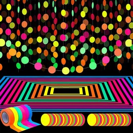 Neon Party Supply Set, 6-Color 98.4-Foot UV Black Light Reaction Tape, 14.4-Foot neon Paper Wreath, Polka Dot Star Hanging Decoration, Birthday Wedding Glow Party neon Paper Decoration Set