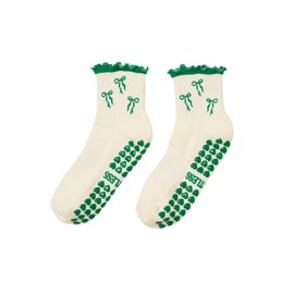 Shapes Studio Crew Half Calf Grip Socks, Cutest Fruits Pilates Socks, Ruffle socks, Non-Slip, Barre Yoga Fitness (US, Numeric, 5, 10, Regular, Regular, Green Bow, Effortless Club)