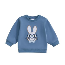 GINEVSAL Toddler Baby Girl Boy Easter Outfits Bunny Embroidery Round Neck Long Sleeve Sweatshirt Pullover Tops Fall Clothes (Blue, 12-18 Months)