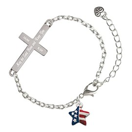 Delight Jewelry Silvertone Mini USA Patriotic Star Numbers 6:24 Bless and Keep You Engraved Cross Charm Bracelet, 6.5+1.5" Extender