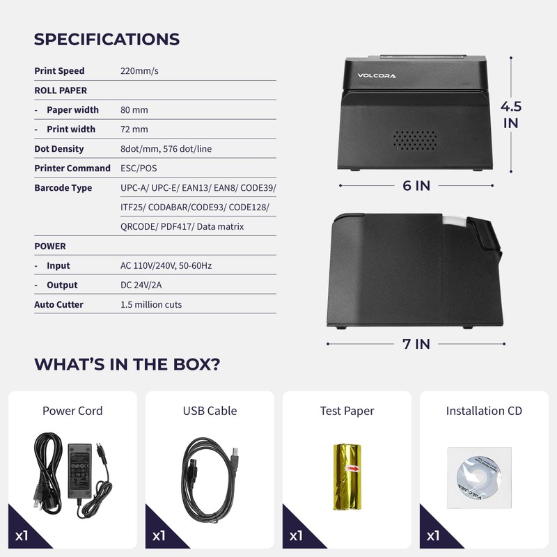 Volcora Thermal Receipt Printer, 80mm POS Printer w/Auto Cutter, USB/Bluetooth