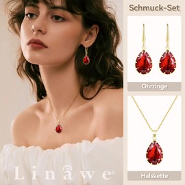 Linawe Jewellery Set, Bridal Jewellery, Wedding Jewellery, Women's Earrings Hanging and Pendant Chain Necklace, Available in Silver, Gold and Rose Gold, Yellow Gold Copper Gemstone, Created Ruby