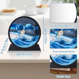 Double Side Moving Sand Art, 3D Dynamic Sand Art Liquid Motion with Mirror, Motion Round Glass 3D Deep Sea Landscape, Sensory Relaxing Desktop Table Decor Desk Home and Office (blue satellites, 12”)