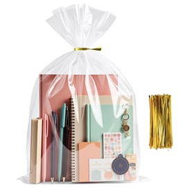 Morepack Large Cello Cellophane Treat Bags,12x16 Inches 20 Pcs Clear OPP Plastic Treat Bag with 20 Twist Ties