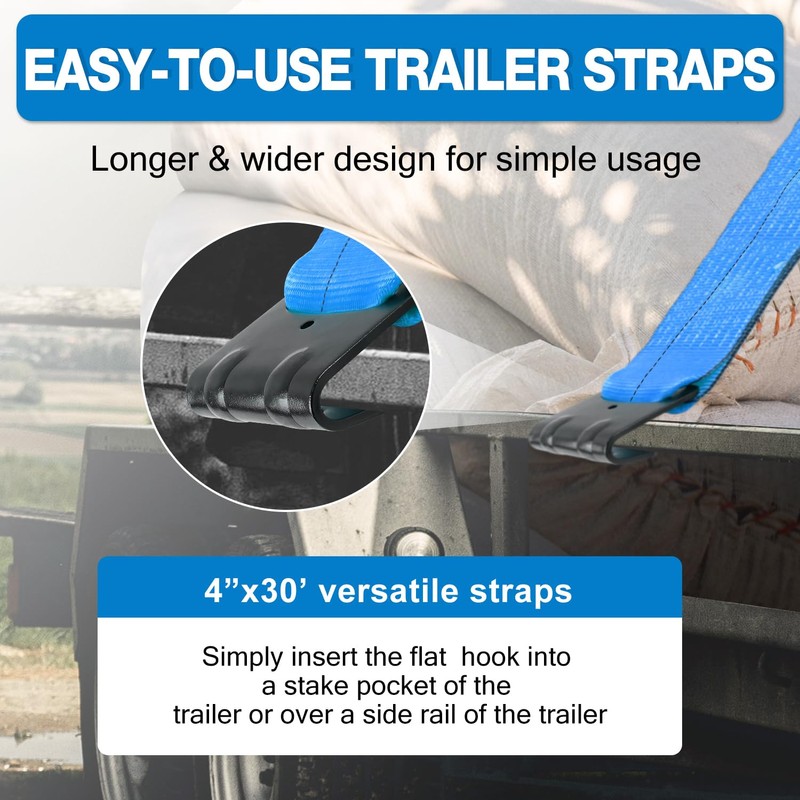 4" x30' Winch Straps with Flat Hook Flatbed Tie Downs