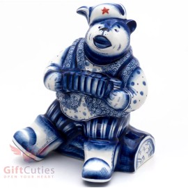 Gzhel porcelain figurine Russian Bear in Ushanka w Garmon accordion hand-painted