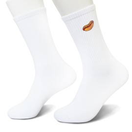 FUQWZ Hot Dog Lover Socks - White Crew Socks with Embroidered Hot Dog Design - Funny Fast Food Gift for Men & Women. (263)