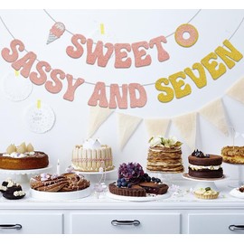 Sweet Sassy And Seven Banner,Donut 7th Birthday Party Decorations,Ice Cream 7th Birthday Decorations,7 Year Old Girl Boy Birthday Party Decorations Supplies Gold & Rose Gold