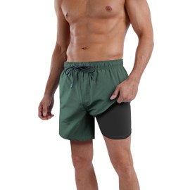 QRANSS Mens 5.5" Inseam Swim Trunks with Compression Liner,Swimming Trunks for Men (ArmyGreen,Small)