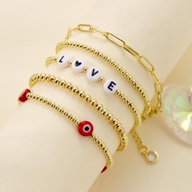 INERRWIX Gold Beaded Bracelets for Women 14K Gold Plated Stackable Pearl Bracelets for Women Layered Stretch Bead Ball Bracelet Set Trendy Jewelry Gifts, adjustable, gold plated, Pearl