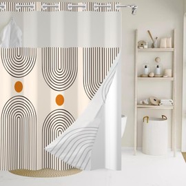 GKLEASG No Hook Shower Curtain with Snap in Liner, Boho Mid Century Modern Arch Heavy Duty See Through Window Waterproof Machine Washable Bathroom Curtain 71" W x 74" L (Pack of 1)