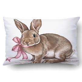 Jbralid Easter Rabbit Bunny Engrave Vintage Graphic Pink Bow Pillow Cover Cotton Linen Indoor Decor Throw Pillow Case 12x20 in