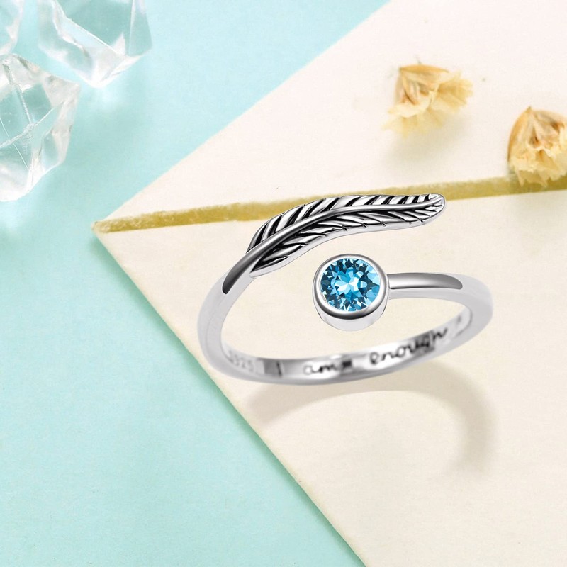 Birthstone Adjustable Open Feather Ring 925 Sterling Silver Birth Stone