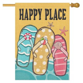 Easternproject Happy Place Summer Beach House Flag Double Sided 28x40 Inch Stripes Polka Dot Flip Flops Shoreline Ocean Sea Sand Starfish Farmhouse Yard Flags Outside Decoration