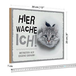 Lustiges Holzschild | Hier wache ich | Katze | Betreten auf eigene Gefahr | 20 cm x 30 cm