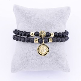 Lisandra Scott Double Bracelet Made of Volcanic Rock with Lion Head and Natural Stone Beads for Men Made of Stainless Steel I Bracelet Adjustable with Lion and Beads Bracelets Men Jewellery, Stainless