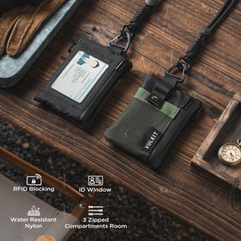 VULKIT Minimalist Small Wallet with ID Window, RFID Blocking Card Holder Water Resistant Zip ID Card Case Wallet with Lanyard Keychain for Cards,Cash,Key, Coin (Army-Green-Black)