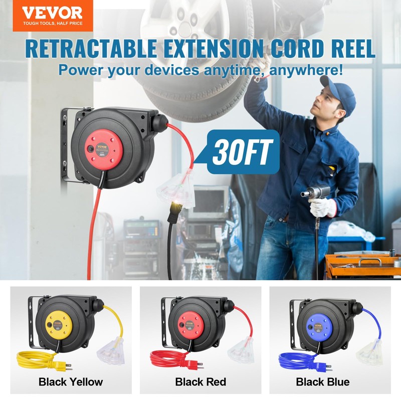 VEVOR Retractable Extension Cord Reel, 30 FT, Heavy Duty 16AWG/3C