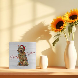 FHUGX Merry Christmas Golden Retriever Dog Wood Box Sign 5x5 Inch, Golden Retriever Christmas Decor, Holiday Xmas Dog Wood Box Signs for Home Room Office Shelf Table Desk Decor