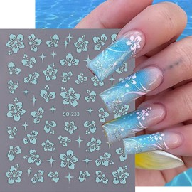 6 Sheets Flower Nail Stickers 3D Stereoscopic Self-Adhesive Hibiscus Nail Decals Pink Yellow Golden Blue Silver White Design Nail Stickers for Acrylic Nails Stars Nail Art Supplies for Women Girls