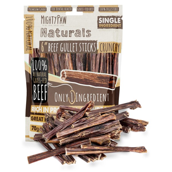Mighty Paw - Beef Gullet Sticks for Dogs (6 Inch - 30 Pack) | Premium Beef Esophagus Dog Treats. Gullet Sticks, Ideal for Large and Small Dogs Teething and Light Chewing. Rawhide Free, Bulk Dog Chews