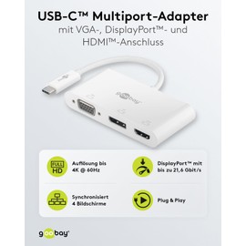 goobay 52412 Multiport Adapter USB-C to VGA + DP + HDMI - Resolutions up to max. 4K*2K@60Hz - Mirrors to up to 4 screens simultaneously