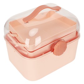 Tissting Makeup Organizer Cosmetic Storage Box with Portable Handled and Clear Cover, Pink 11in 3 Layer Folding Plastic Cosmetics Display Case Skincare Organizers for Arts Crafts Sewing