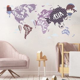 World Map Wall Sticker Set V248 | Hand-Drawn | Sticker Nursery | Wall Sticker Children's Room Map Map Country Map Countries Globe (Purple, 60 x 30 cm)